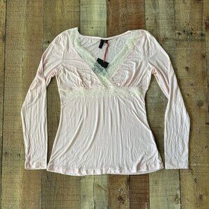 Y2K 2000's Womens Size Small Lace-Trimmed Blush Pink Long Sleeve V-Neck Cute Top